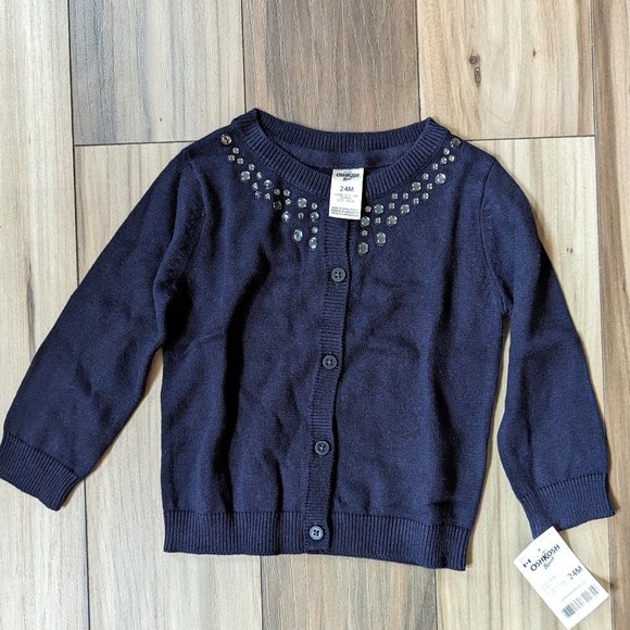 NWT Oshkosh B'gosh Girls Knit Sweater Navy Blue Cardigan with Studs L/S … - Picture 1 of 5
